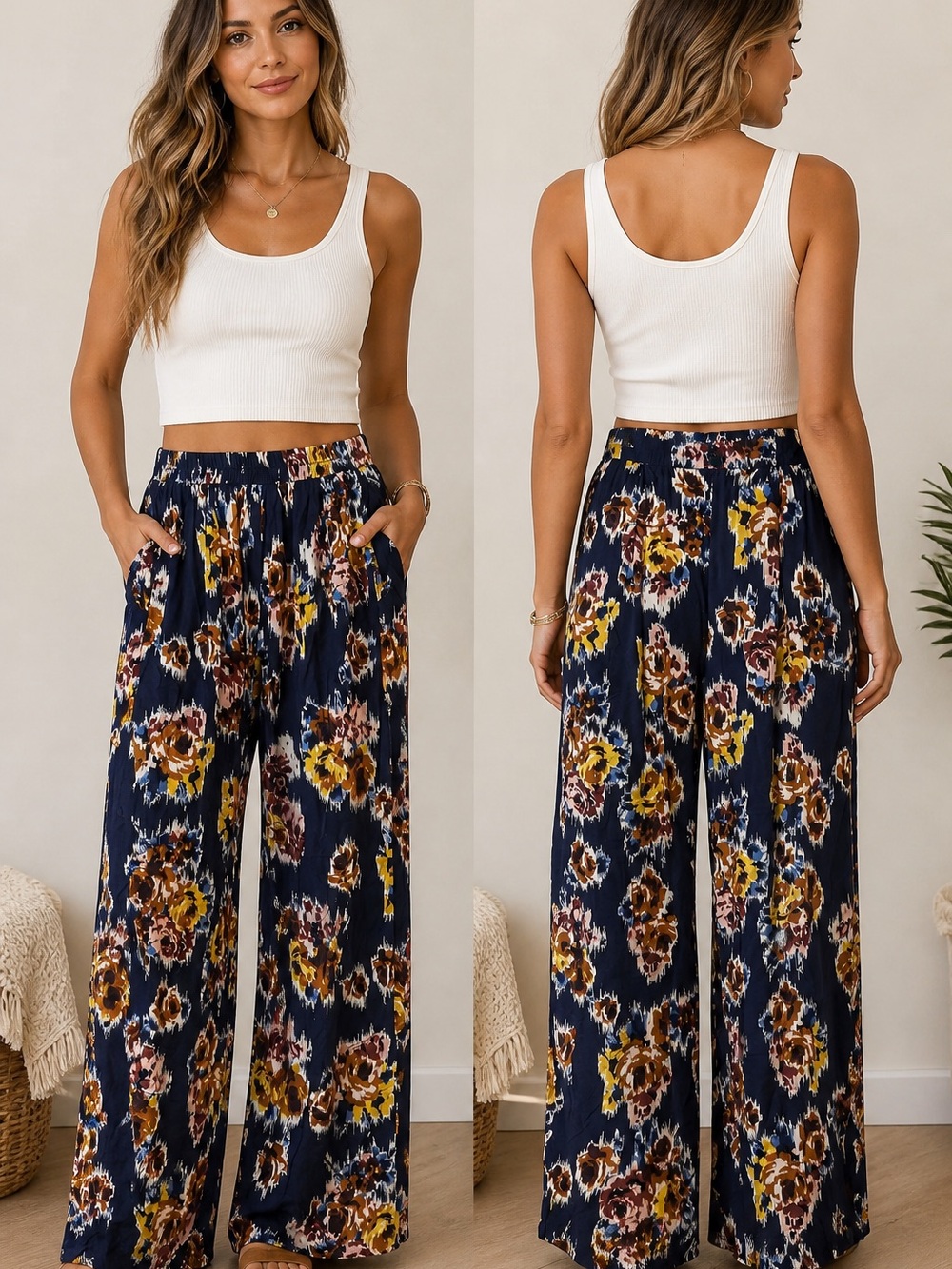 Band of Gypsies Boho Floral Wide Leg Pants XS Navy Festival Resort Pockets